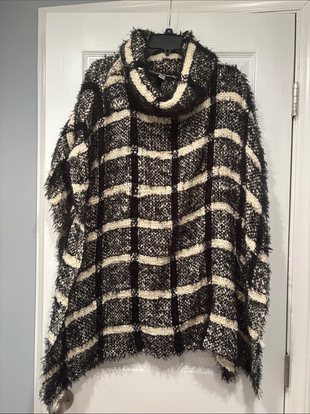 Cato Black and Cream Plaid Turtleneck Poncho Sweater
